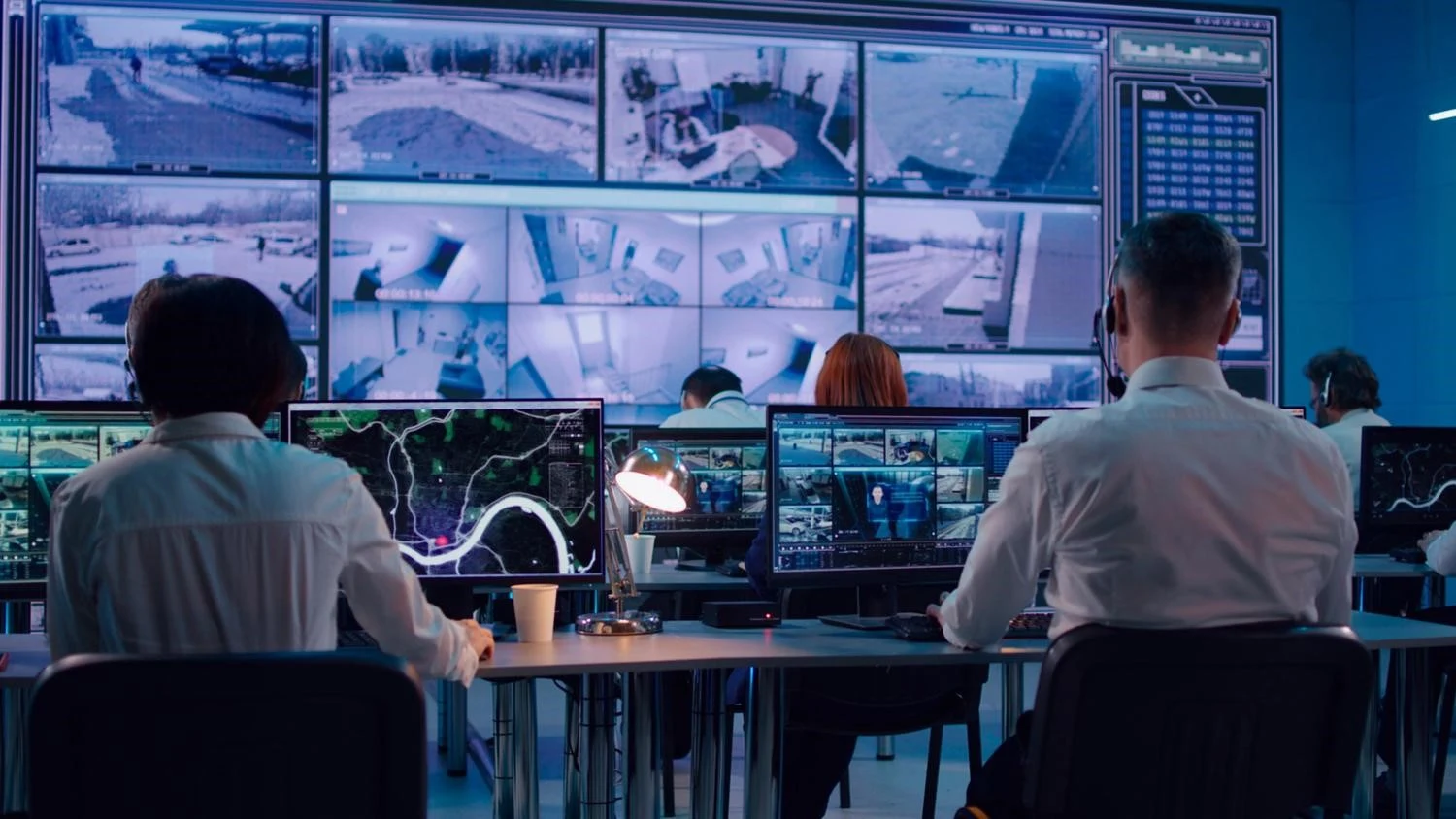 Operators watching a wall of live camera feeds in a monitoring control room