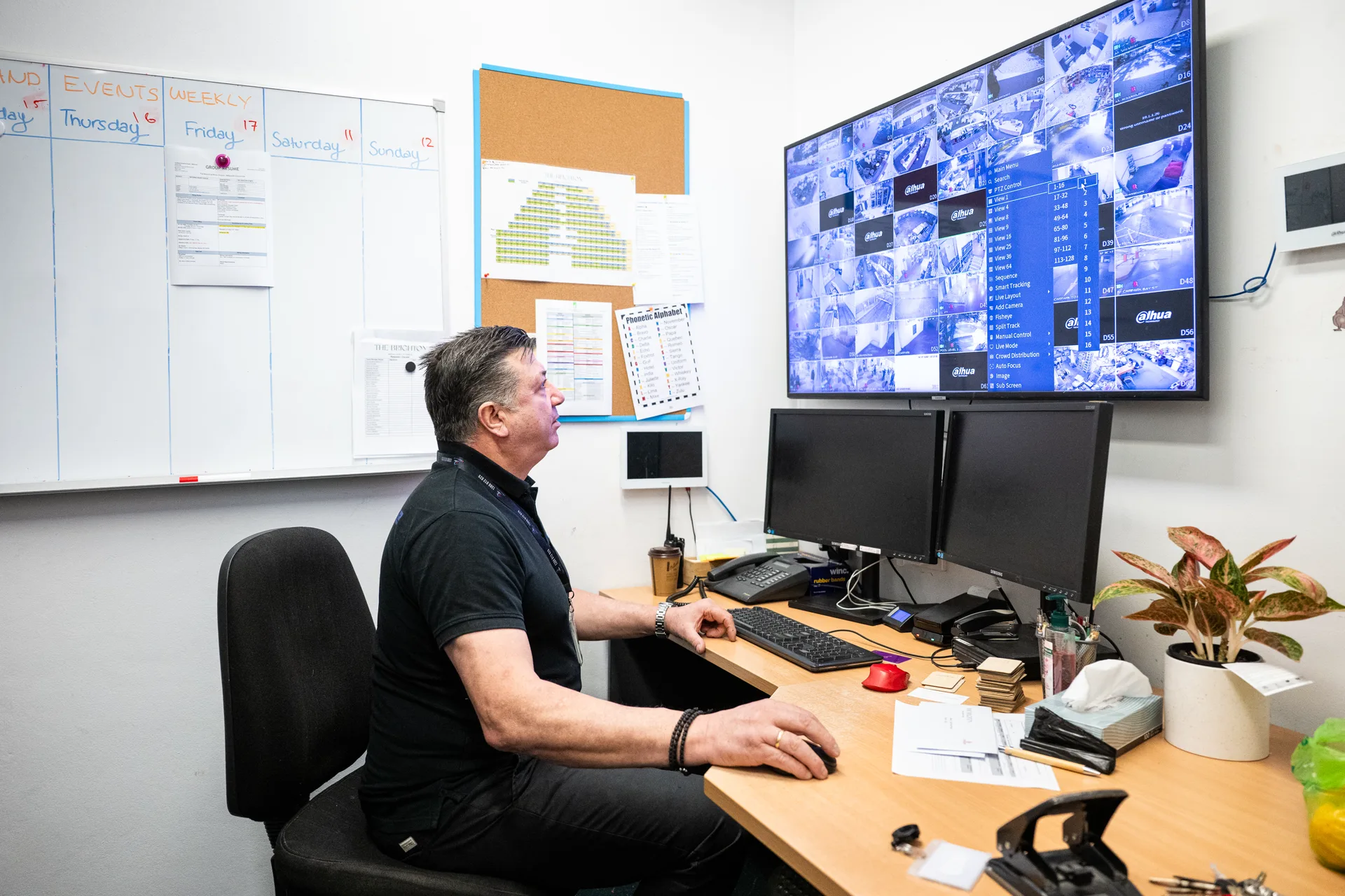 An operator working through camera views on a video wall