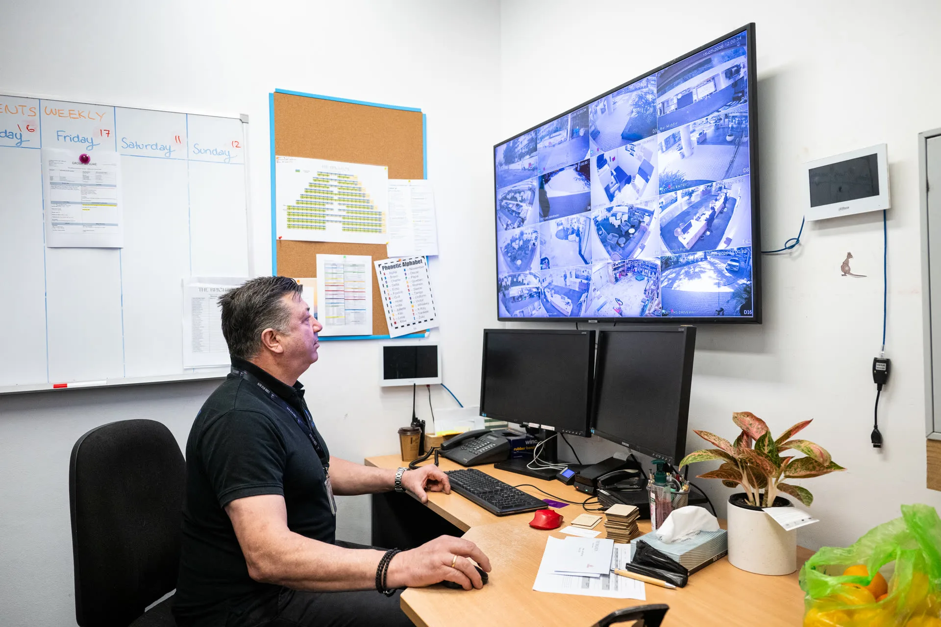 An operator watching a wall of live CCTV feeds