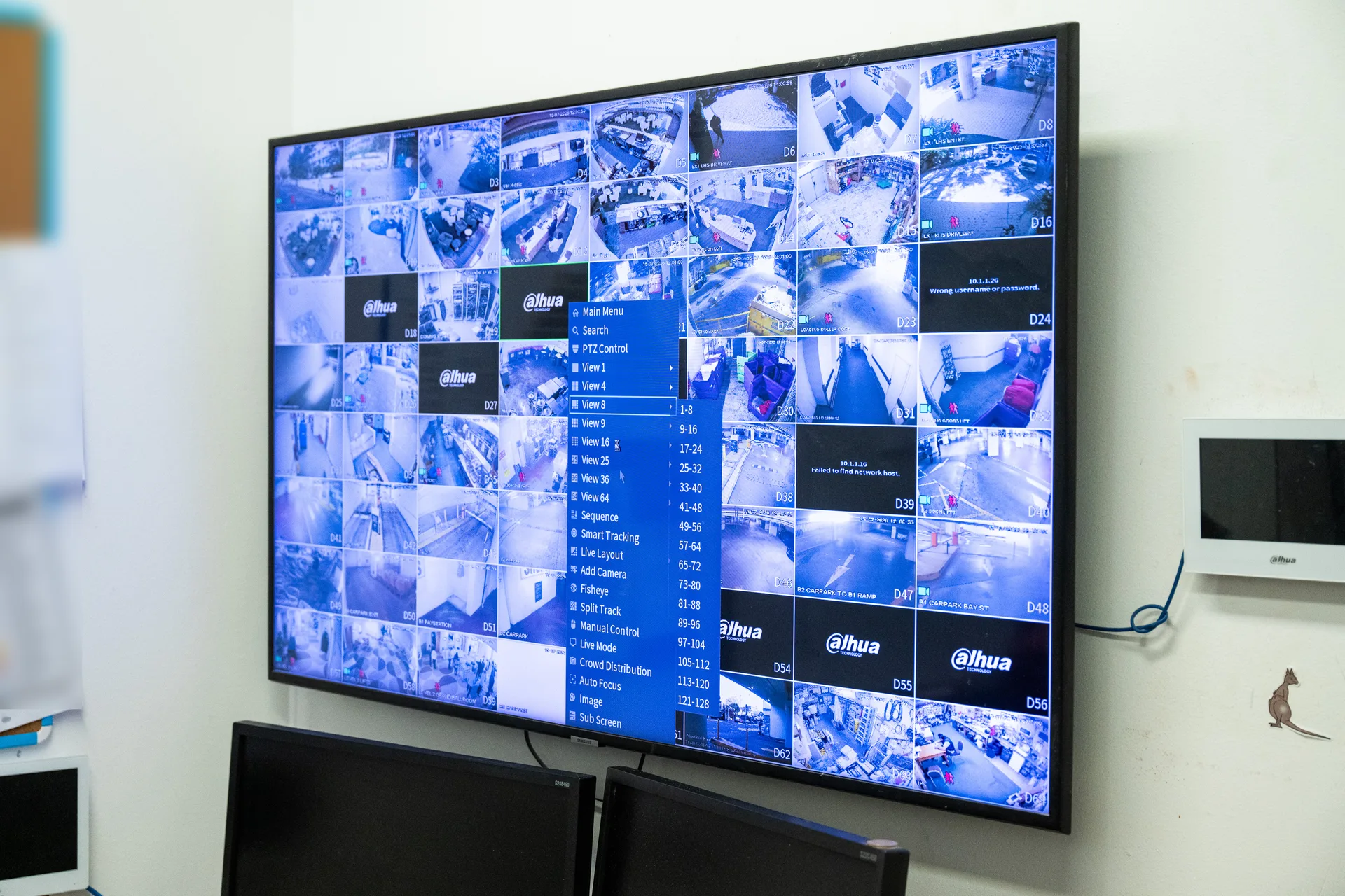 A video wall showing dozens of live camera feeds