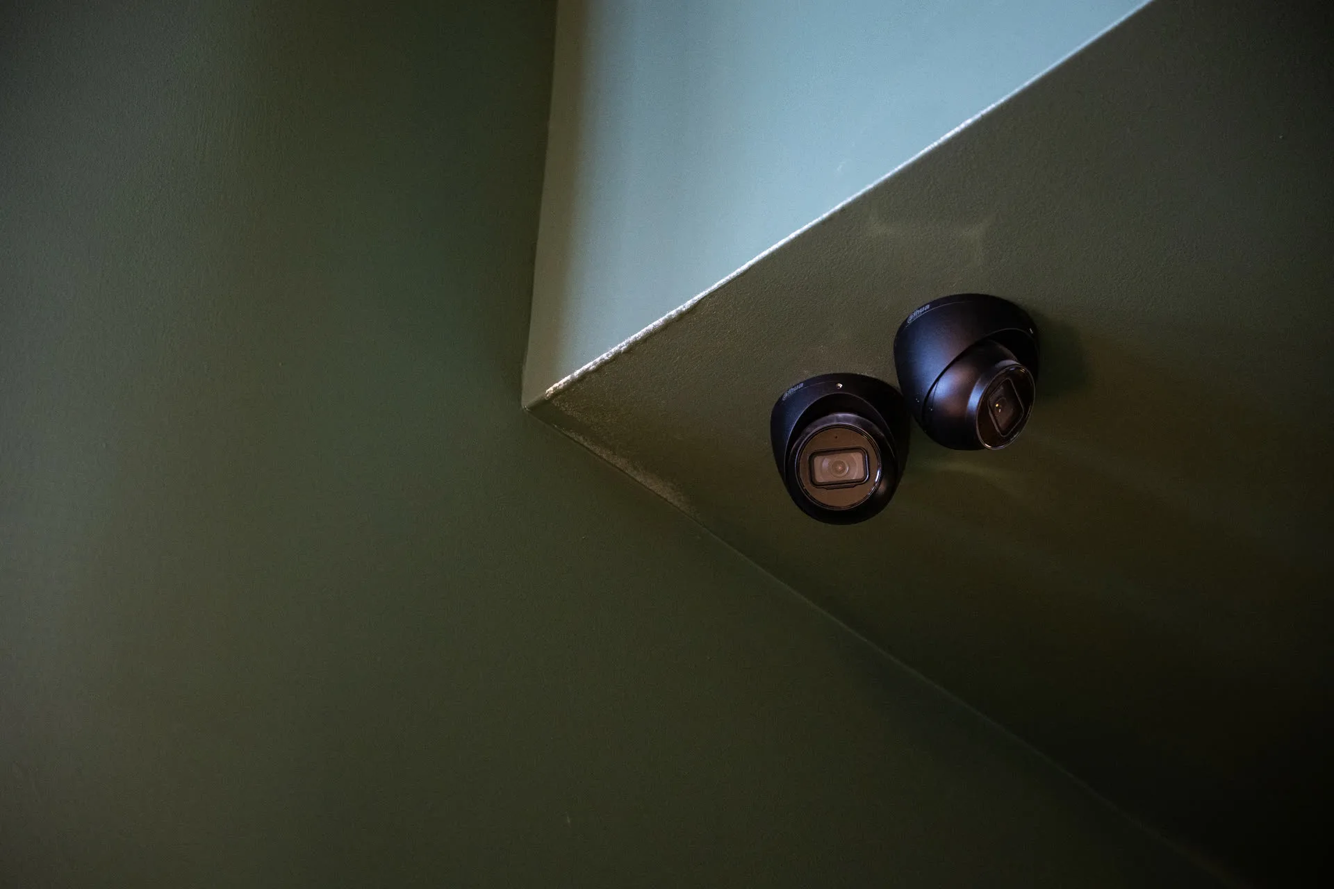 Two black dome cameras installed on a green wall
