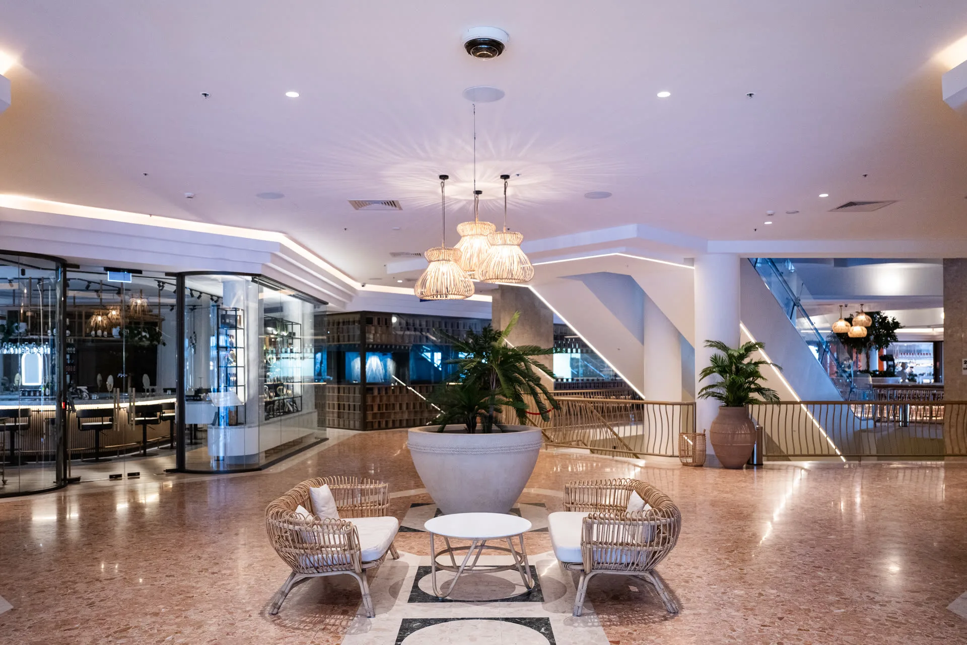A hotel lobby protected by an iSecure ceiling camera