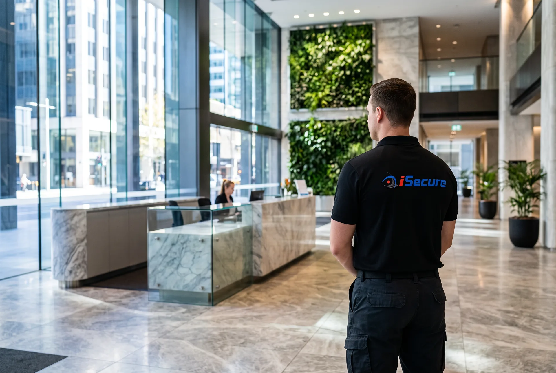 An iSecure guard in a corporate office tower foyer