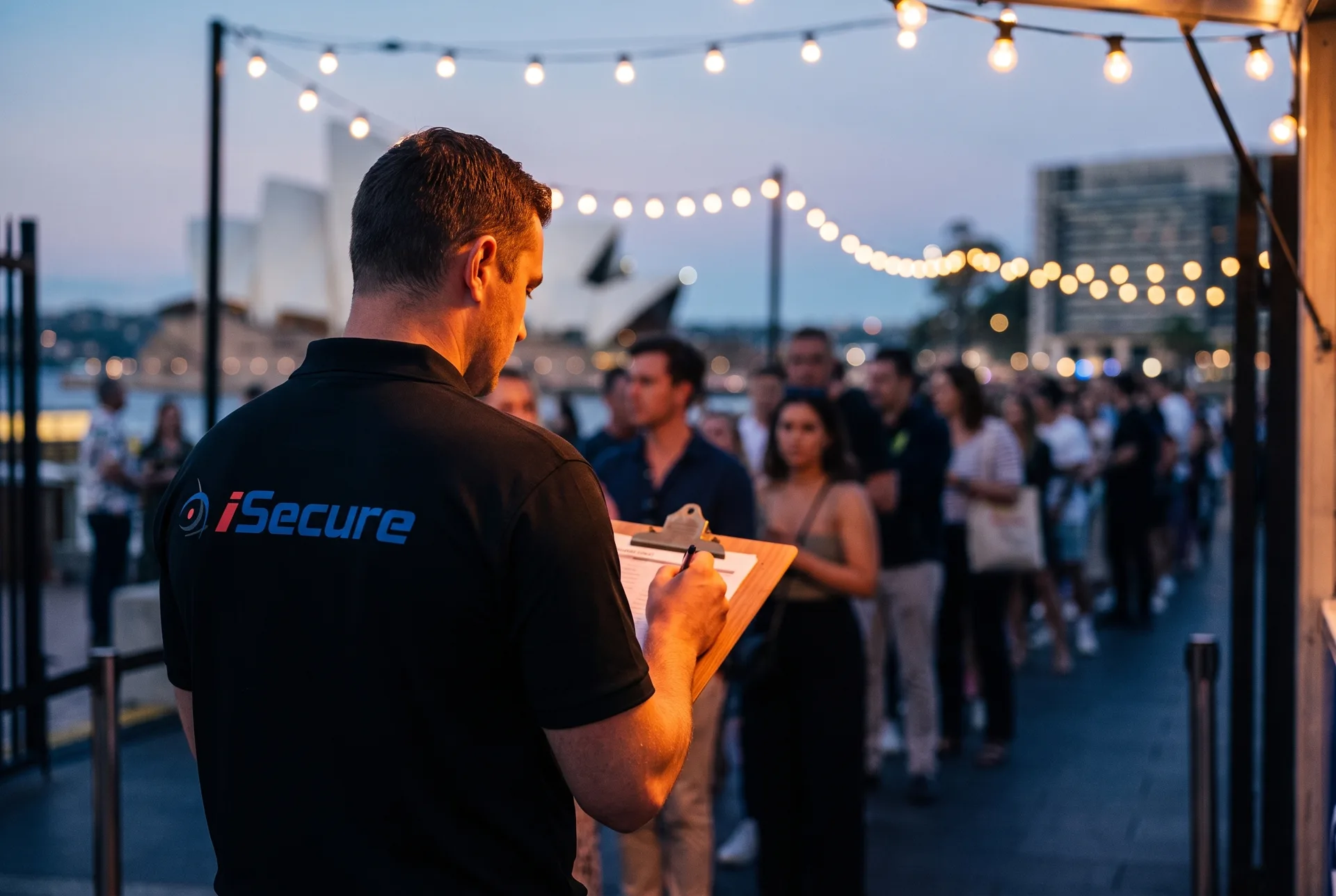 An iSecure guard managing entry at an outdoor evening event on Sydney Harbour