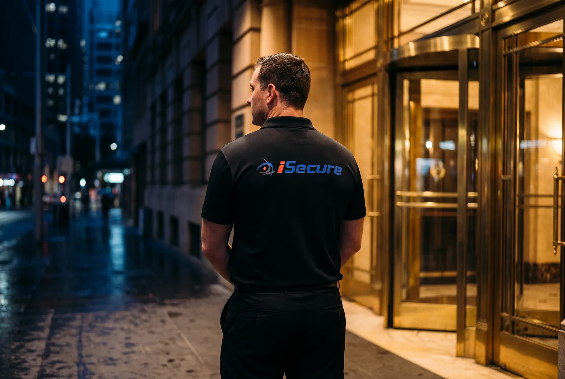 An iSecure guard standing at the entrance of a Sydney venue at night